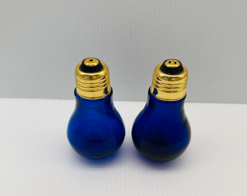 Vintage Cobalt Blue Glass Light Bulb S & P Shakers Set Mid Century Style